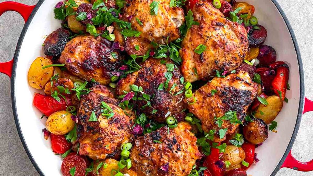 Smoky chicken and chorizo tray bake