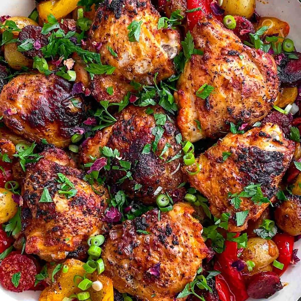 A close-up of the smoky chorizo and chicken tray bake.