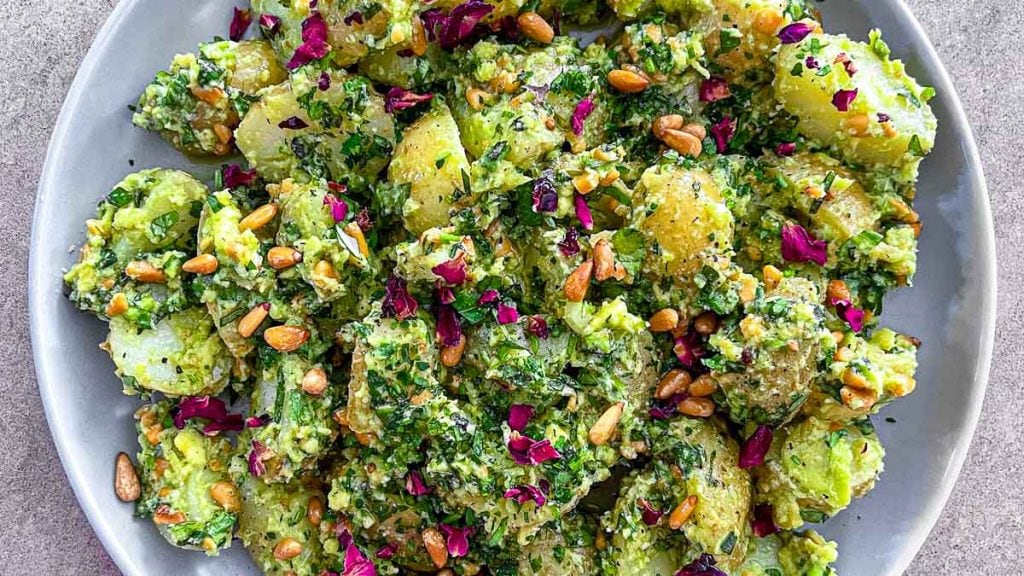 A close up of the avocado pesto potato salad.