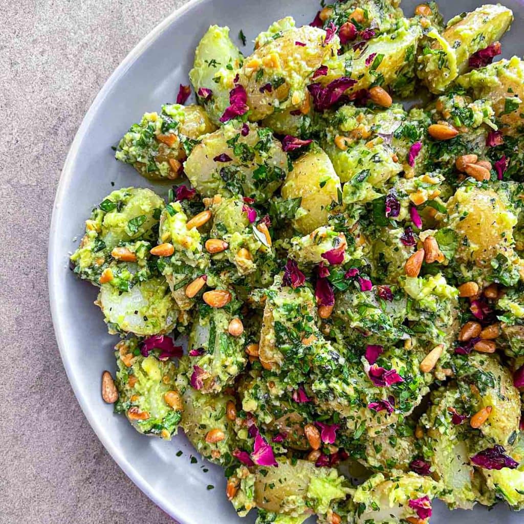 The plated avocado pesto potato salad.