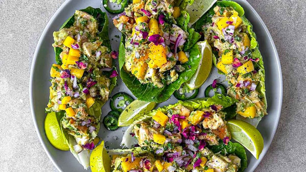 Fresh lettuce cups, stuffed with grilled chicken and mango guacamole.
