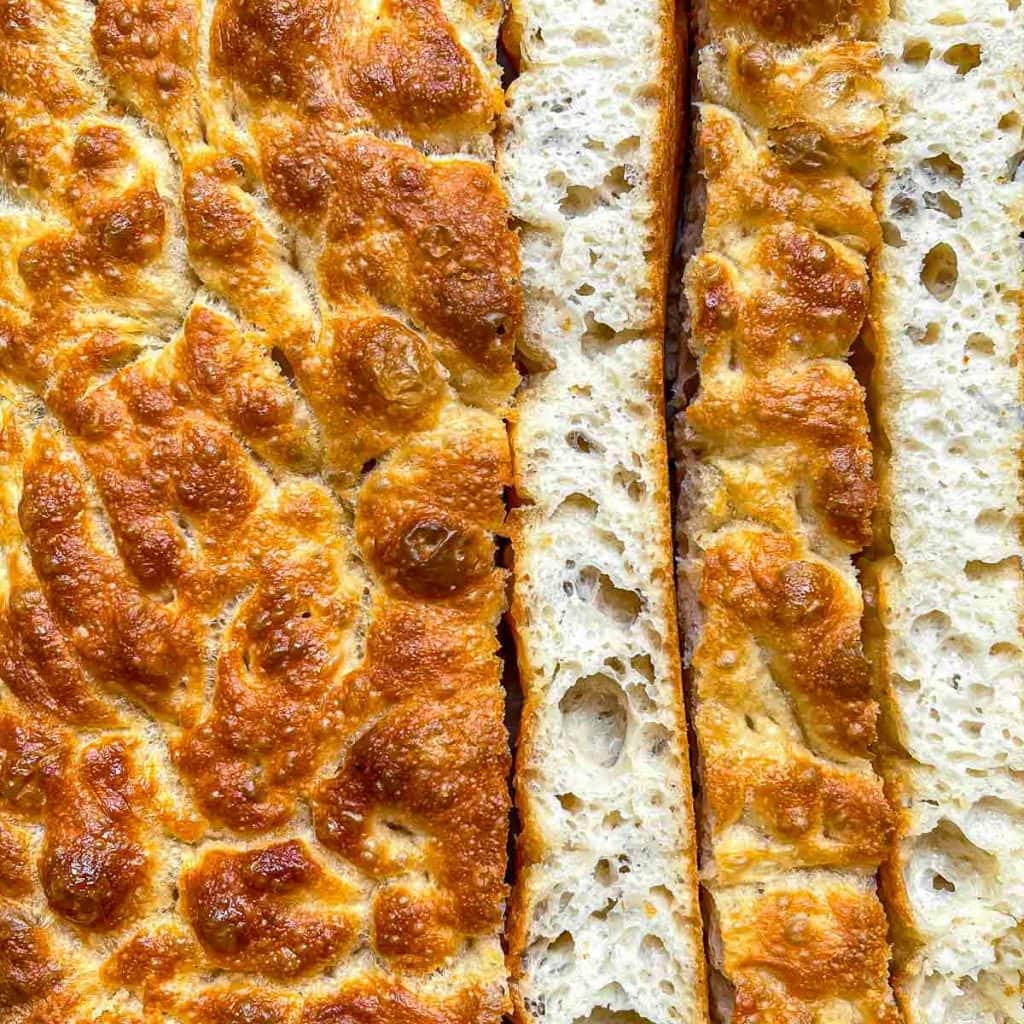 Another close-up of the golden brown no-knead focaccia.