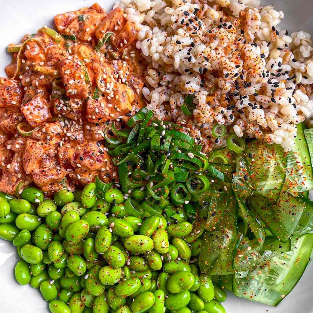 A close up of the spicy tuna poke bowl.