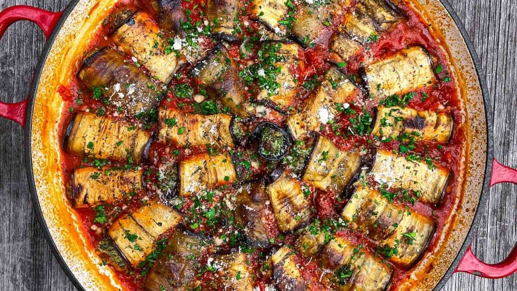 A close-up of the spinach and ricotta aubergine rolls.