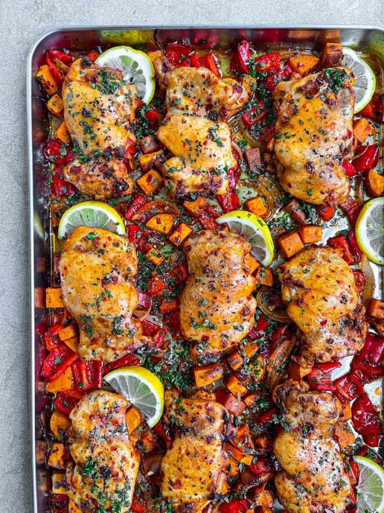 harissa chicken tray bake with sweet potatoes and veggies