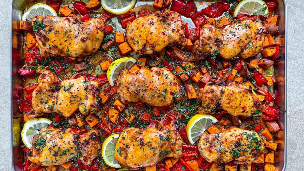 harissa chicken tray bake with sweet potatoes and veggies