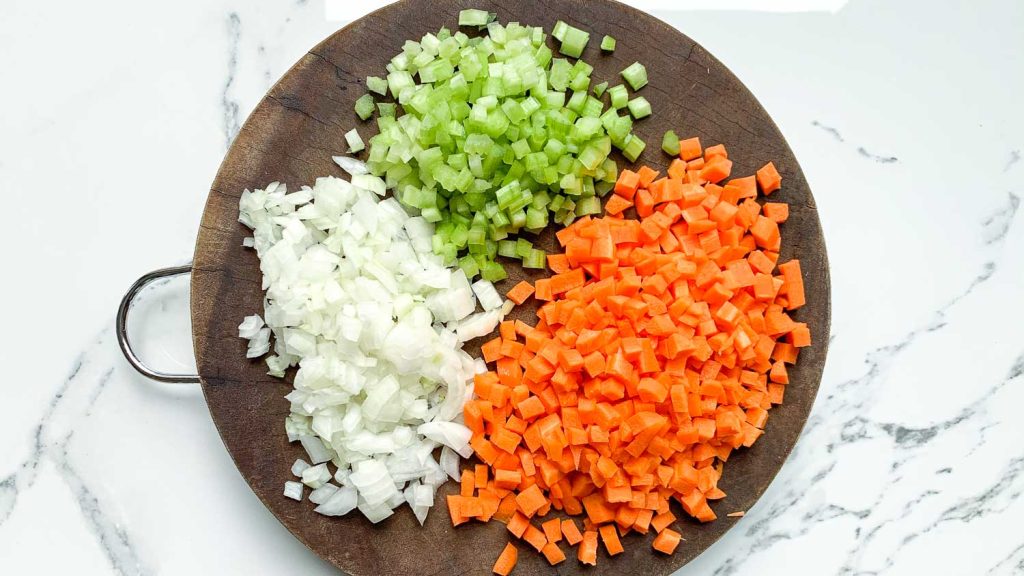 Finely chopped onion, celery and carrot.