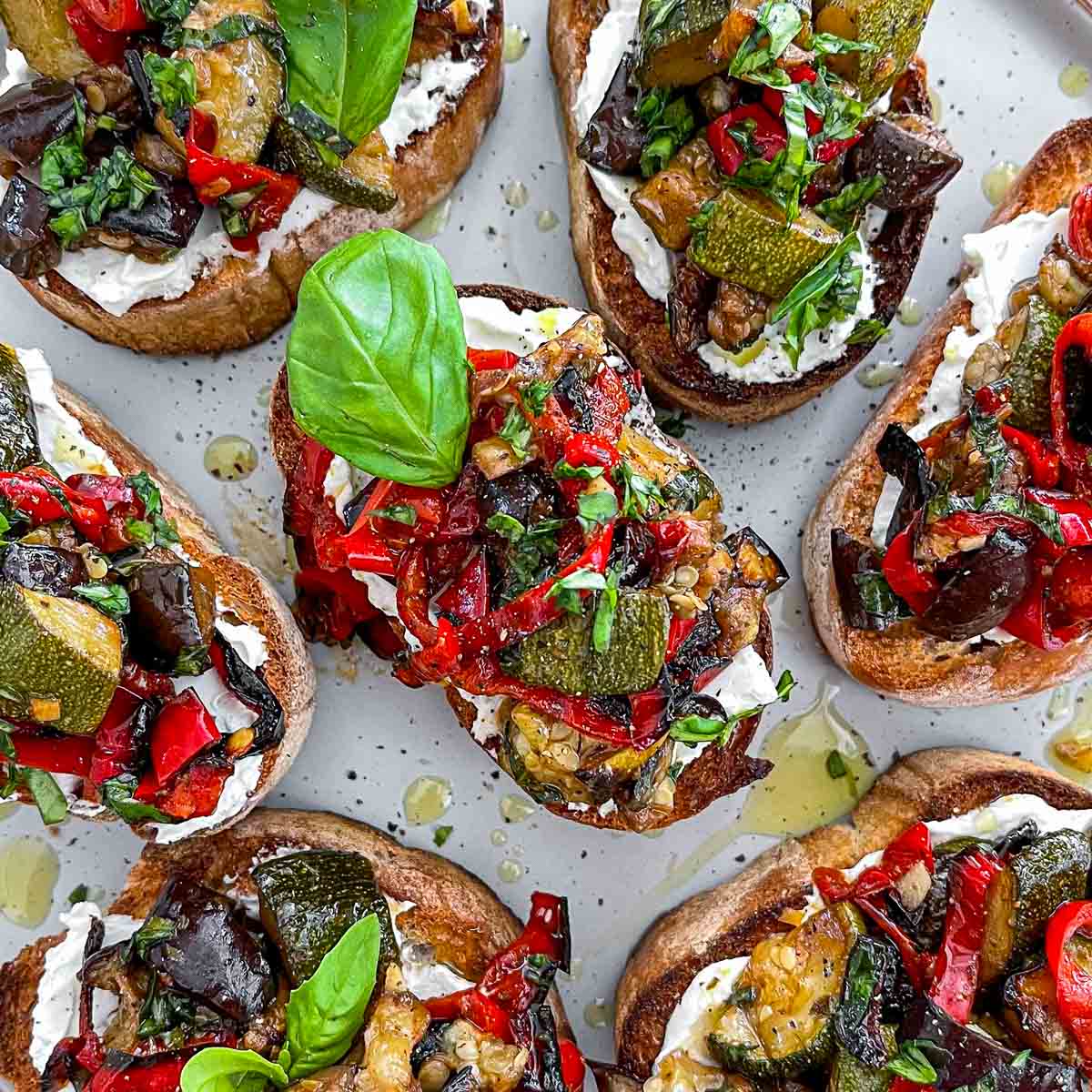Roasted vegetable bruschetta, with roasted Mediterranean vegetables and goat's cheese.