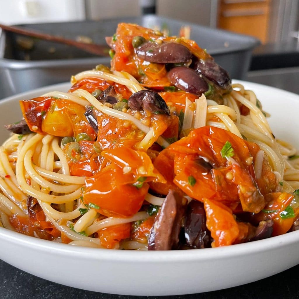 a close up shot of the puttanesca pasta tray bake, served in a white bowl