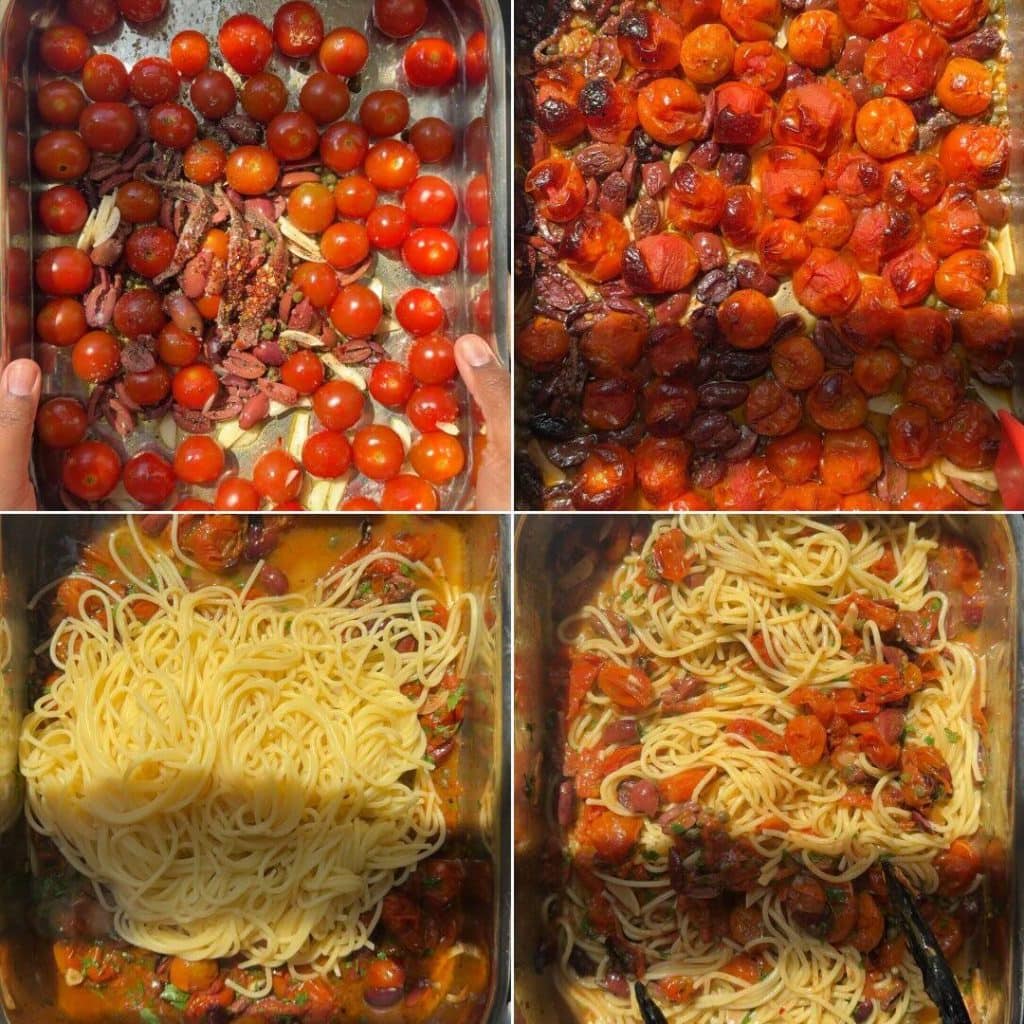 the stages of making puttanesca pasta tray bake, from the sauce to adding and stirring in the pasta