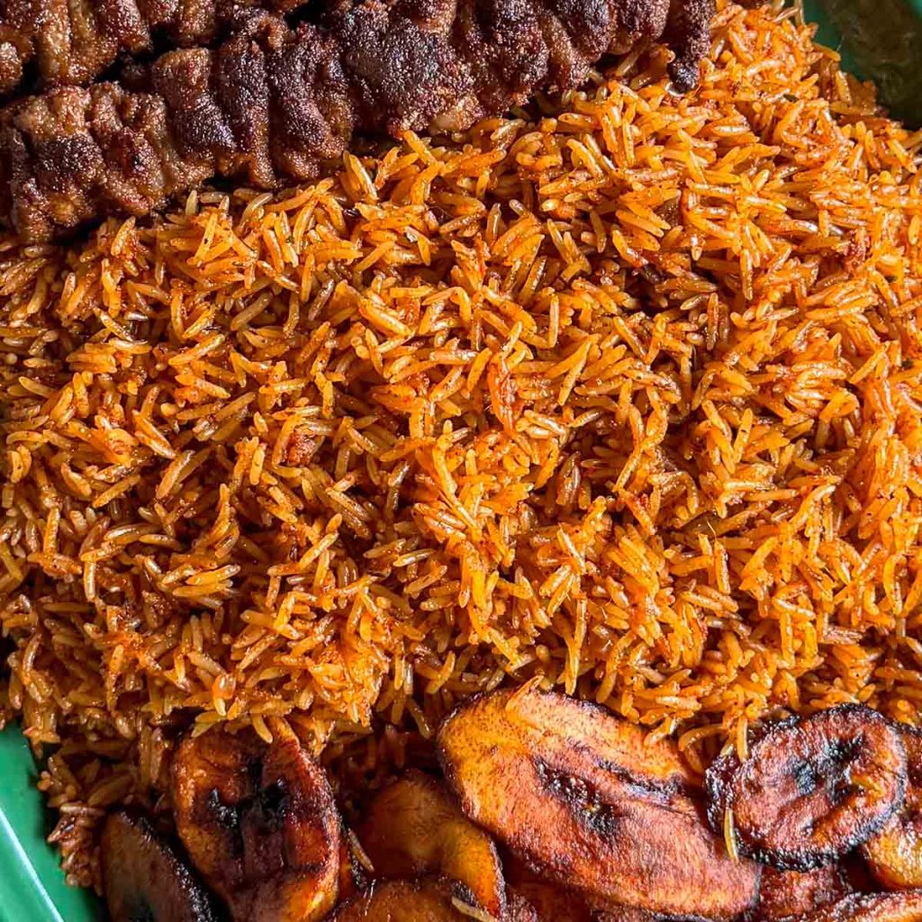 A closeup of oven baked jollof rice made with basmati rice.