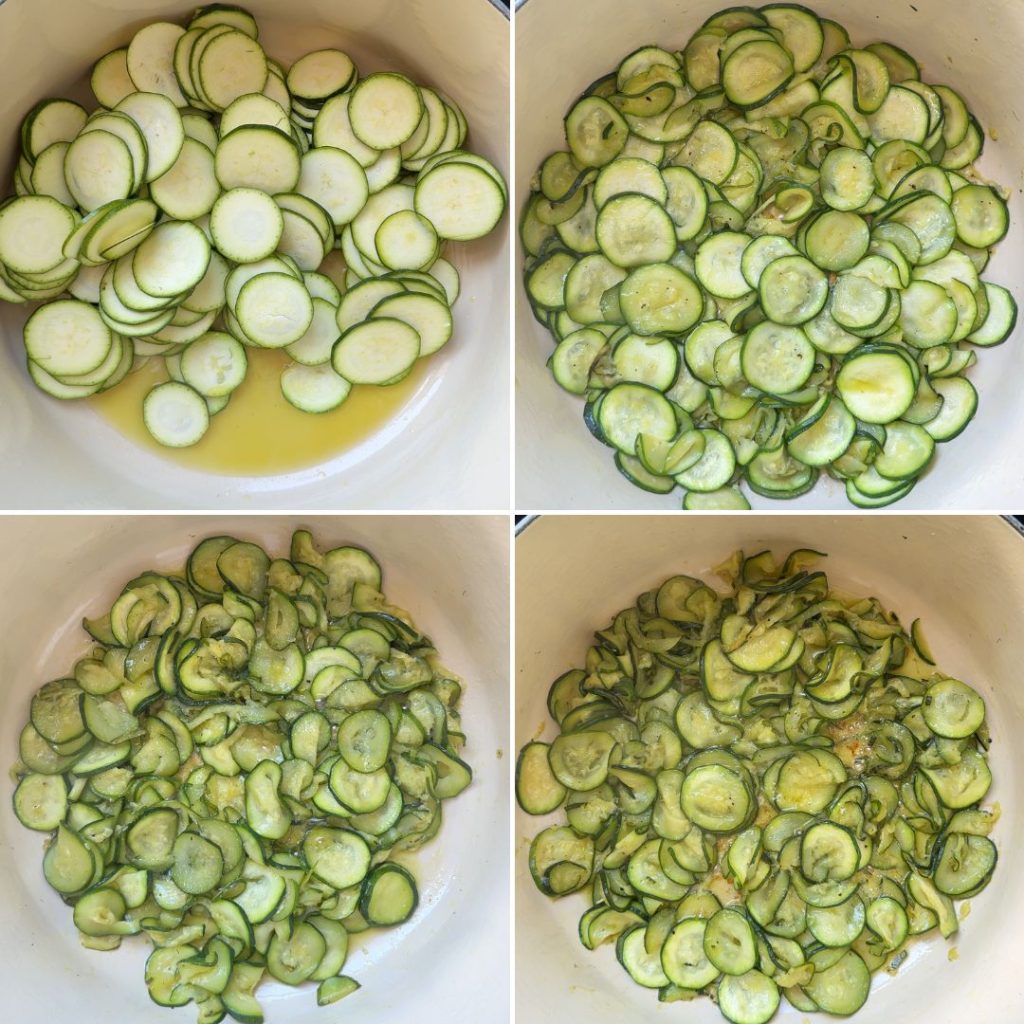 the stages of slow cooking and caramelising the courgettes for the pasta