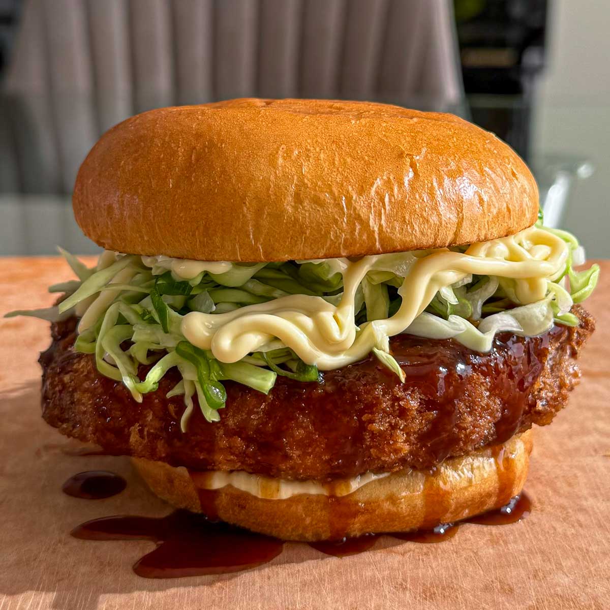 The assembled aubergine katsu burger.