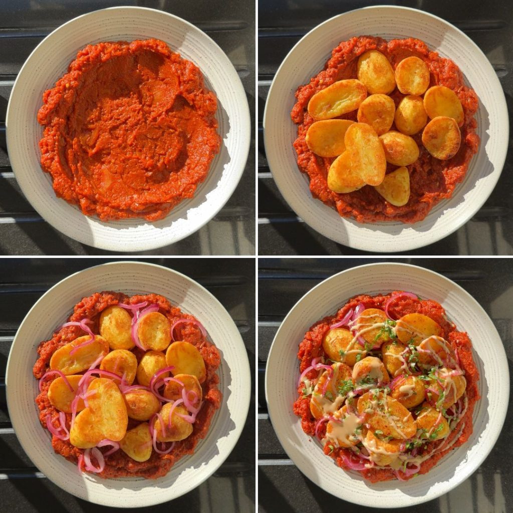 Assembling the masala roast potatoes.