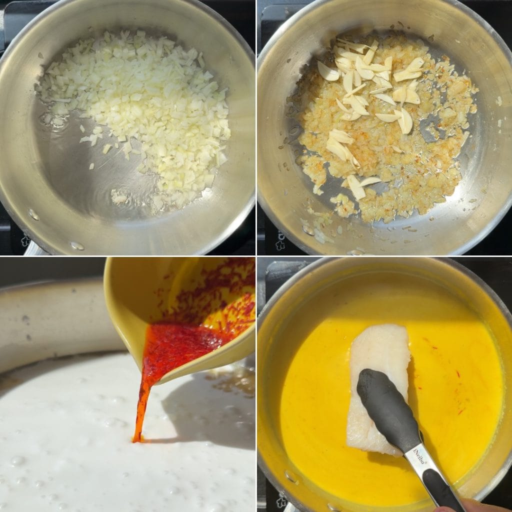 Building the coconut saffron broth.