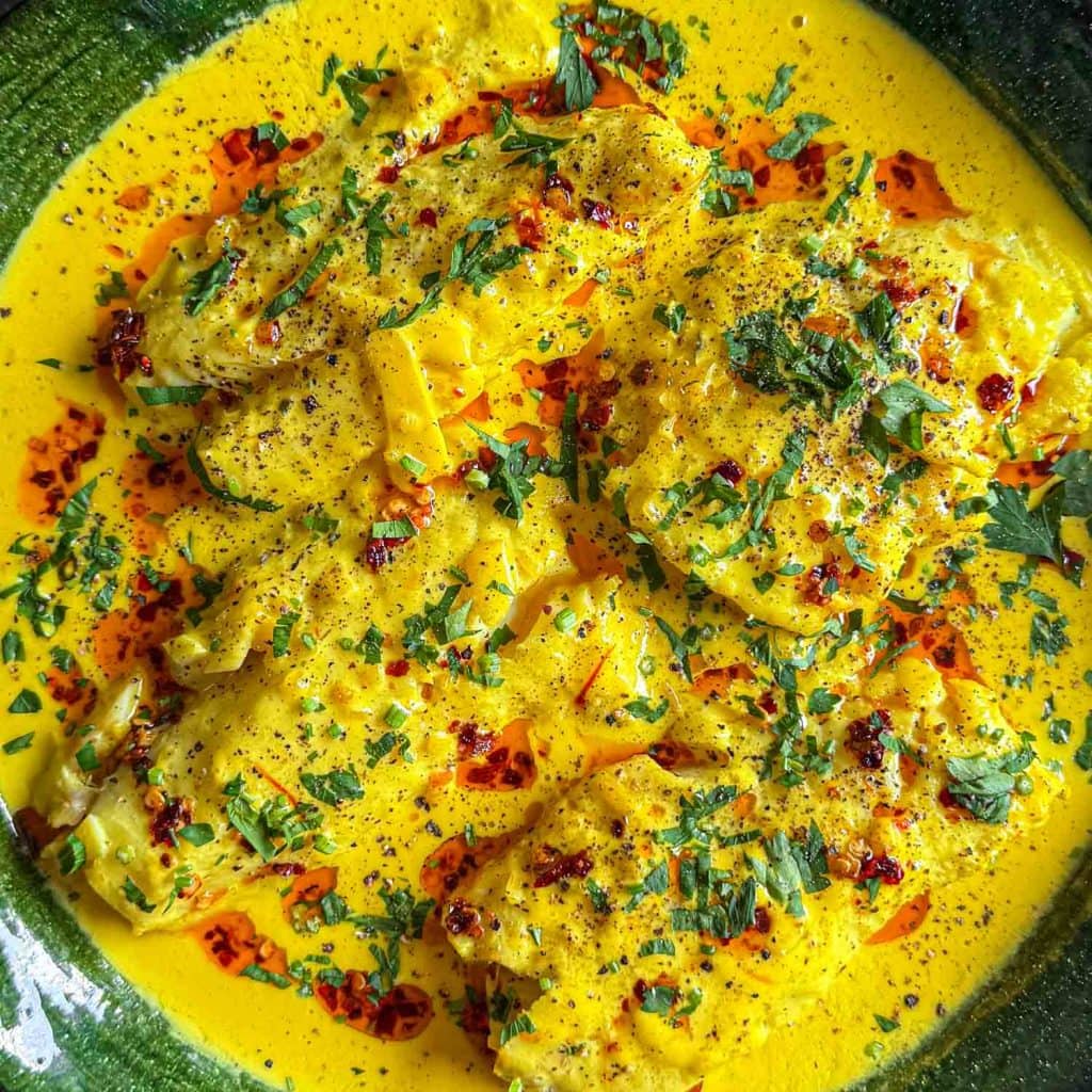 The finished dish: coconut saffron poached fish in all its glory!