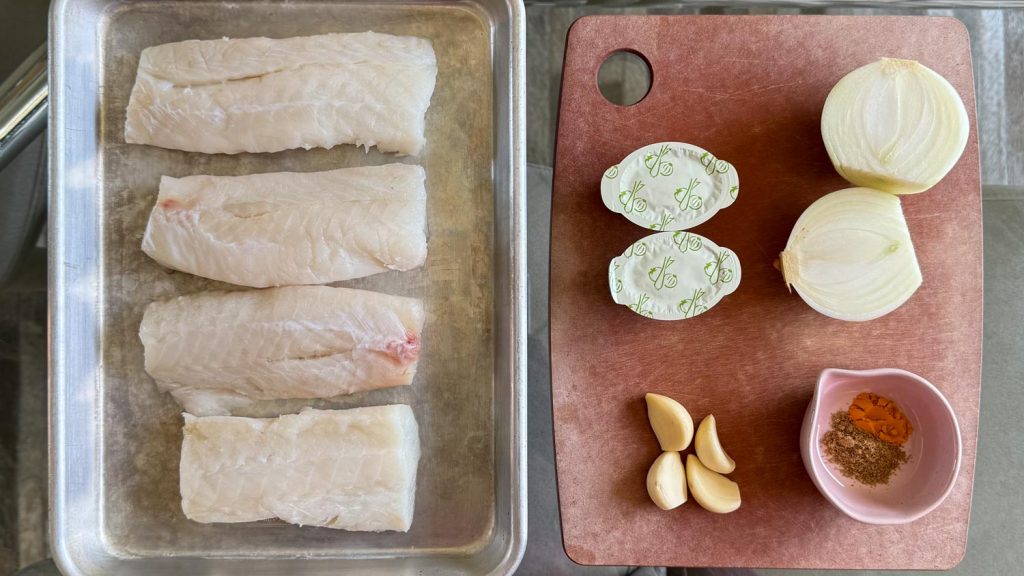 Prepping the ingredients for this coconut saffron poached fish.