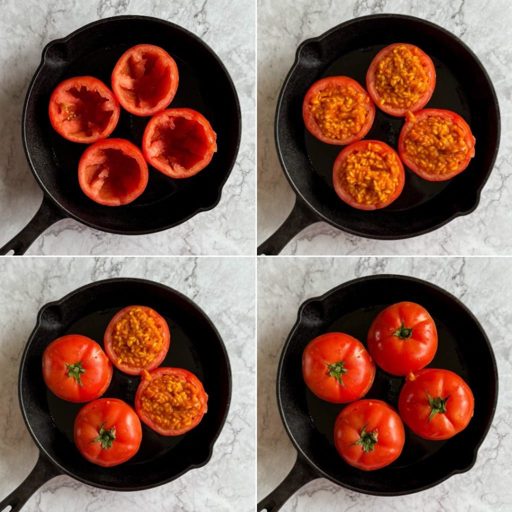 Stuffing the tomatoes ready for the oven.