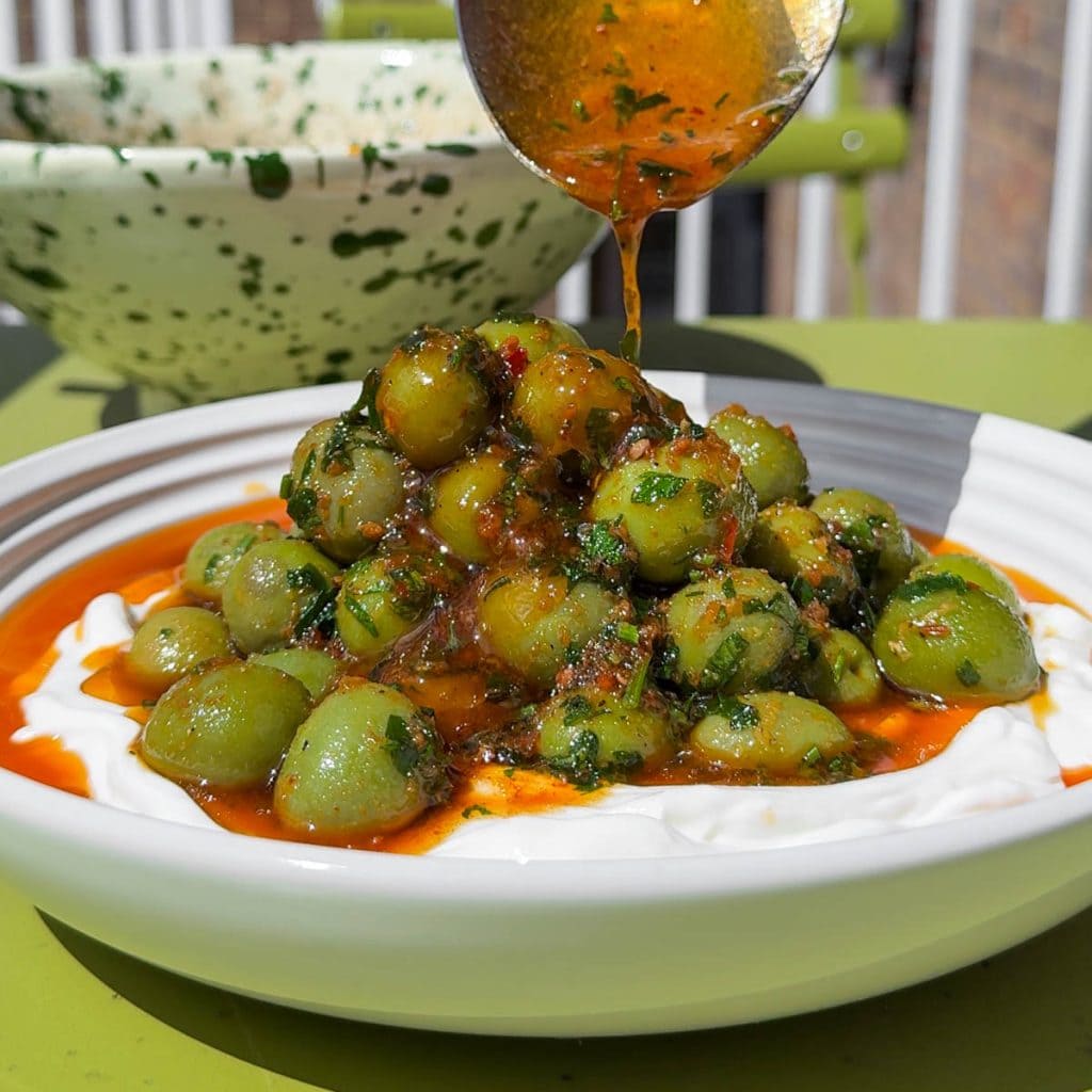 Spoonful of labneh topped with nduja-coated olives.