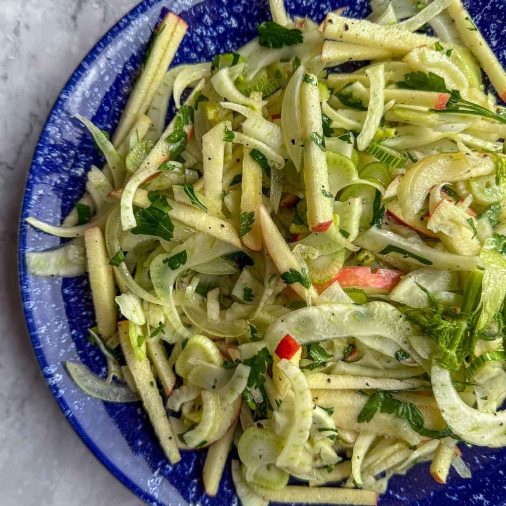 An overhead shot of the fennel and apple slaw.