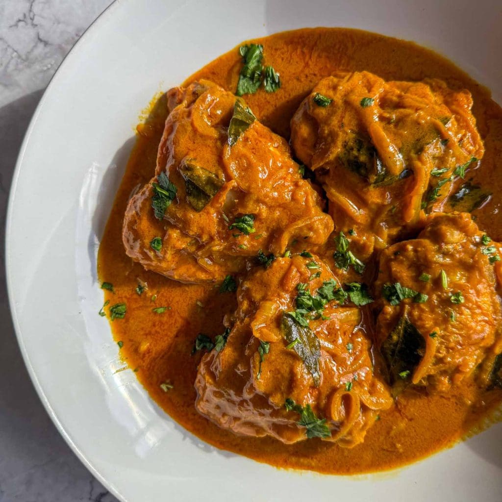 Overhead view of Caramelised Onion Chicken Curry in a white shallow bowl, with a richly coloured sauce.