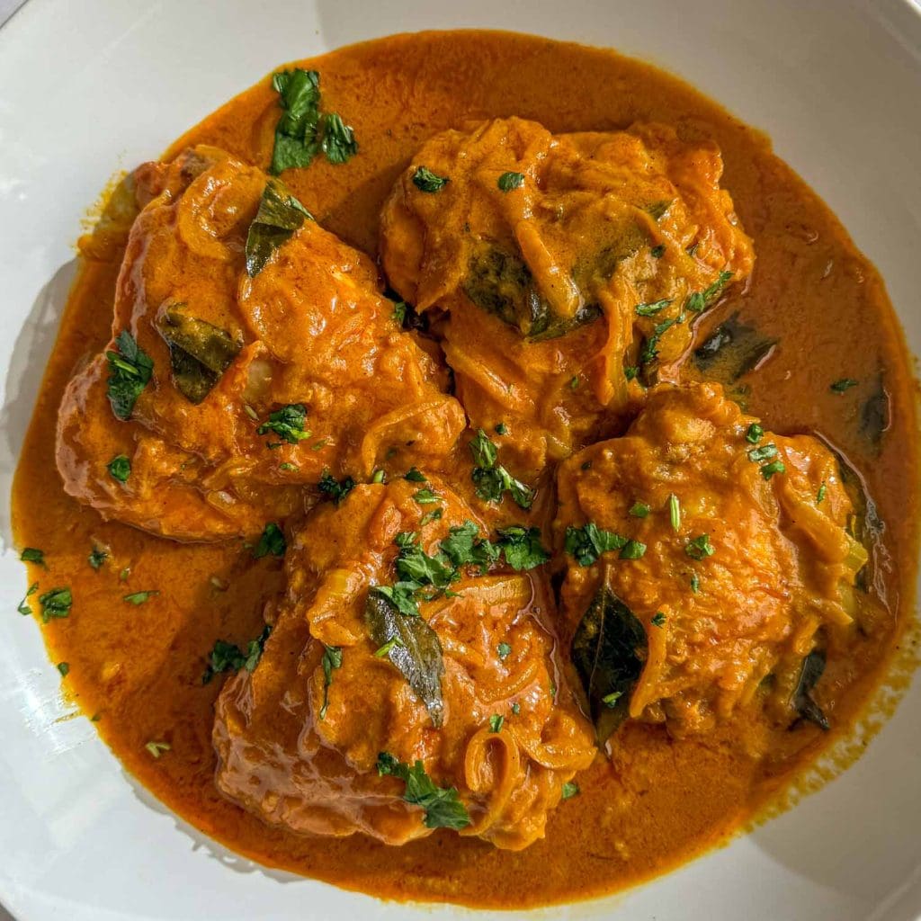 Close-up of Caramelised Onion Chicken Curry in a white shallow bowl, highlighting the thick, savoury sauce and tender chicken.