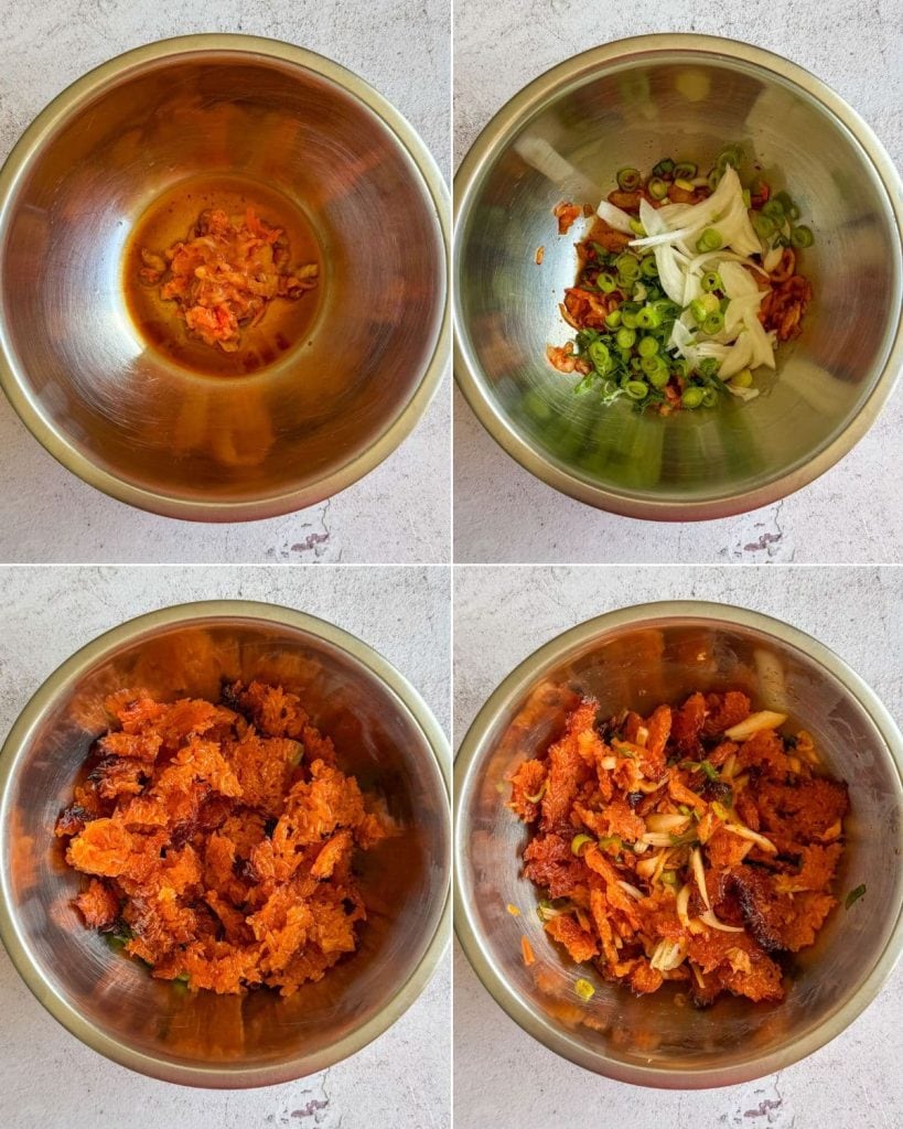 Step-by-step shots of building the gochujang crispy rice salad.