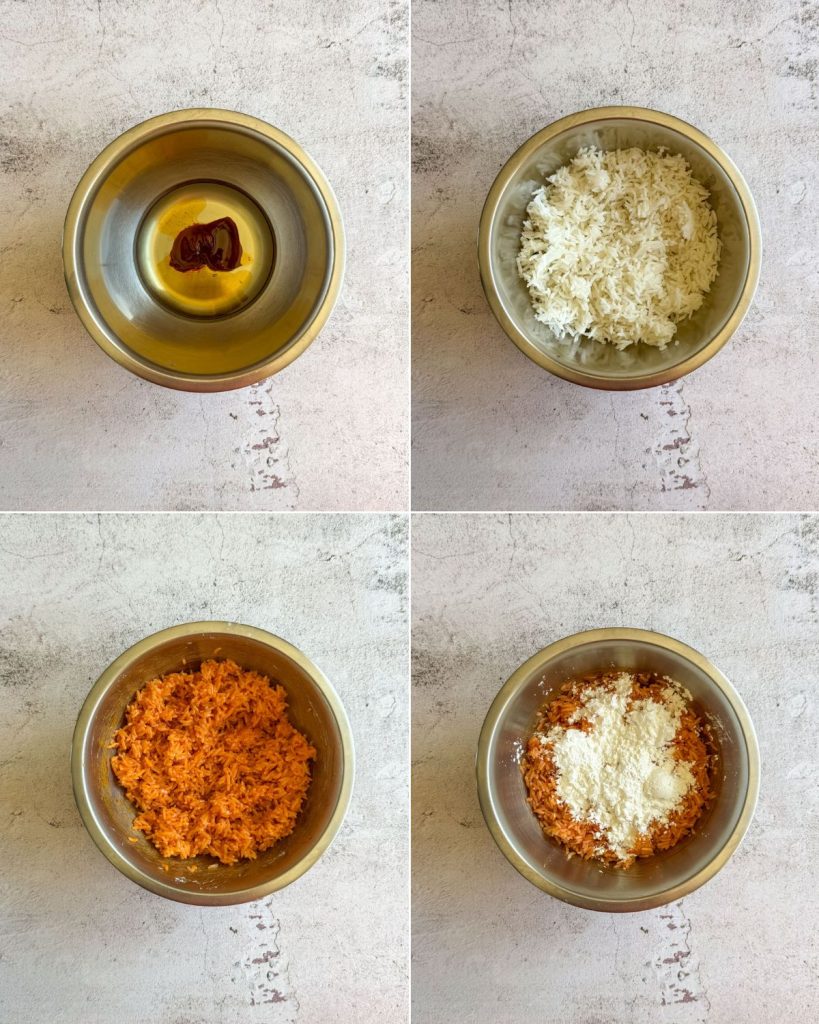 Step-by-step shots of coating the crispy rice in the gochujang glaze.