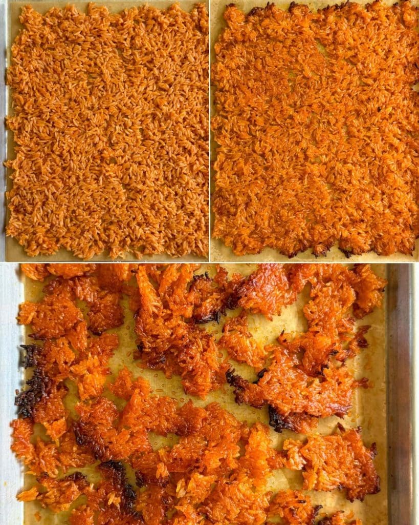 Step-by-step shots of making the crispy rice.