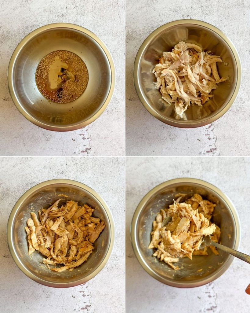 Step-by-step shots of making the pulled sesame chicken.