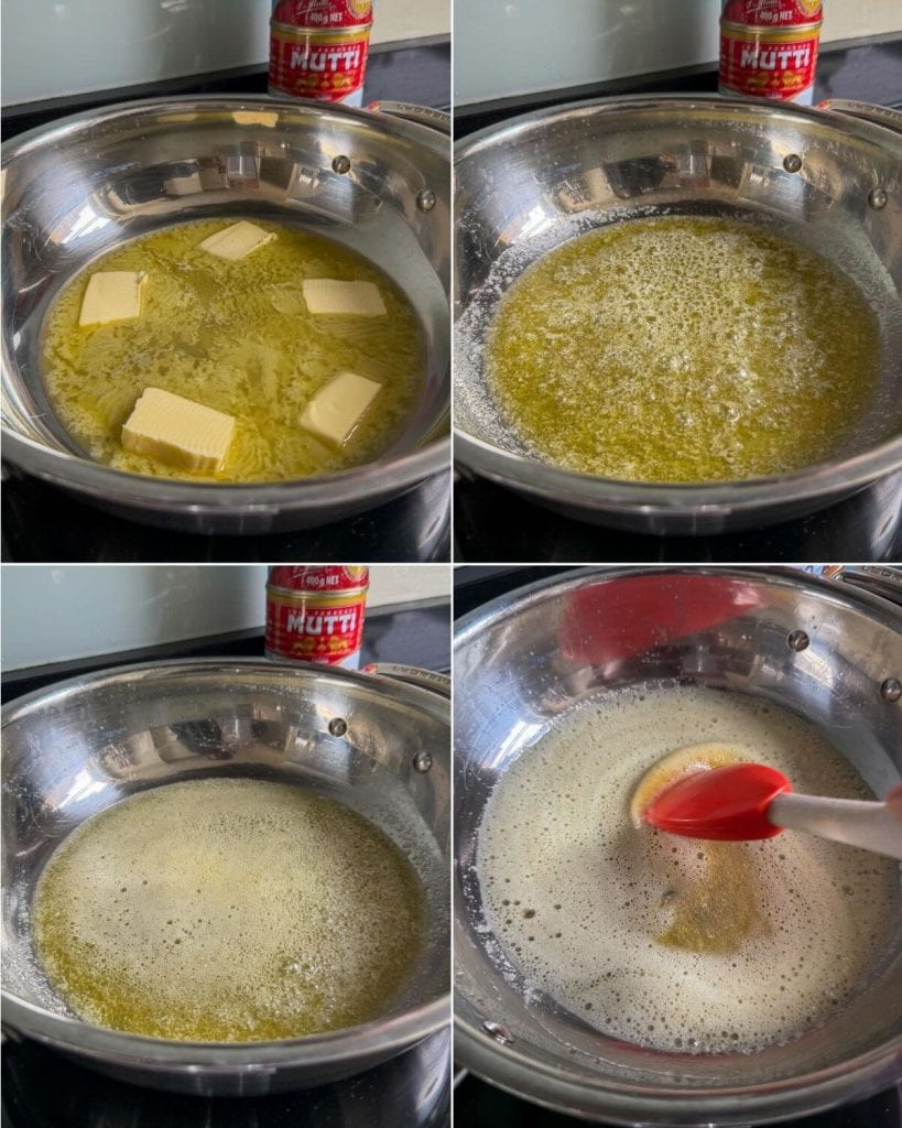 Step-by-step photos of browning the butter.