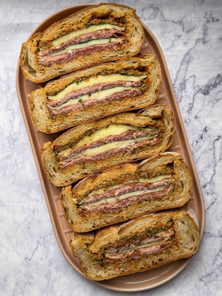 New Orleans muffuletta sandwich made with sourdough