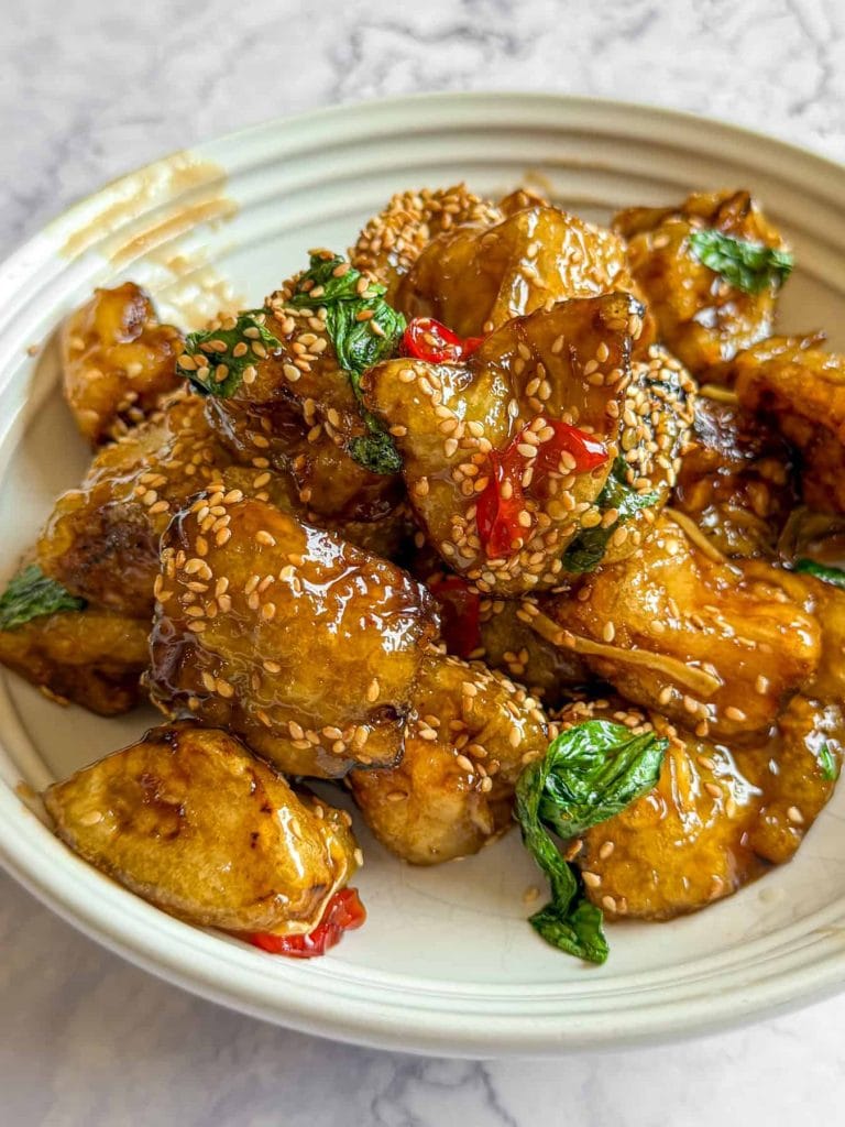 Sticky, crispy Thai aubergine inspired by Singburi's aubergine pad phet