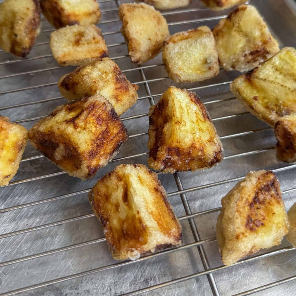 Side-on shot of the twice-fried aubergine after the second fry