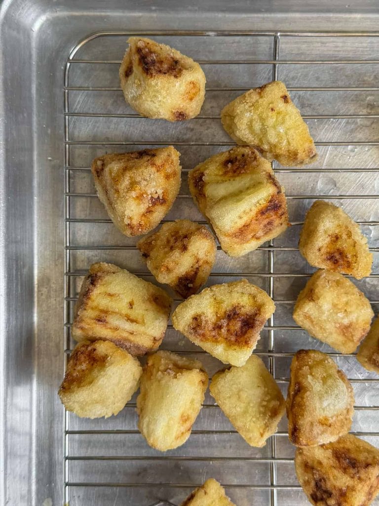 Overhead shot of the twice-fried aubergine after the second fry