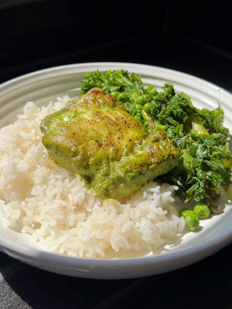 A close-up shot of the Herby Coconut Baked Cod