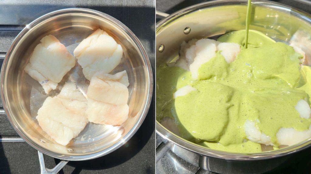 Marinating the cod in the herby coconut sauce