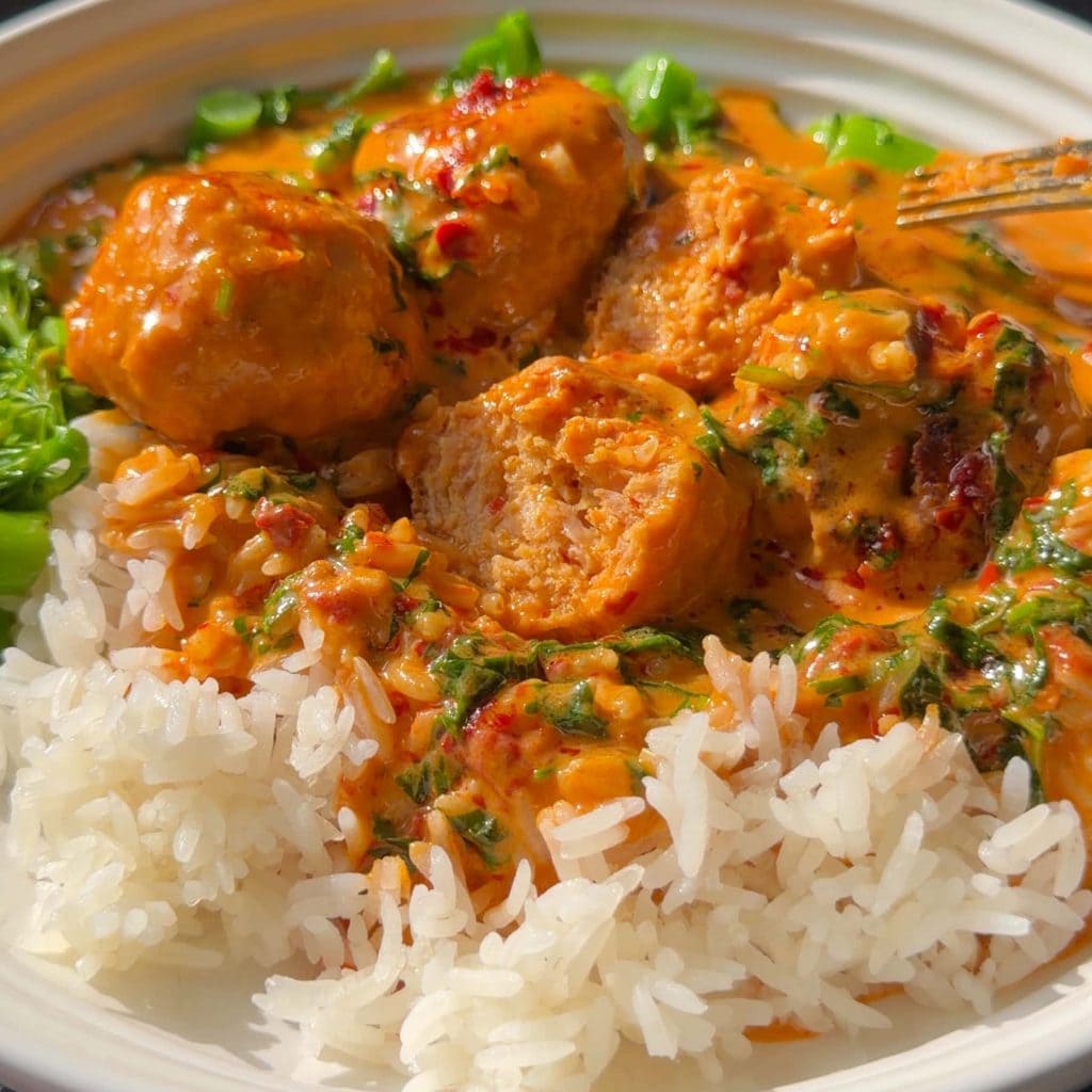 A peak inside these tender Coconut harissa chicken meatballs.