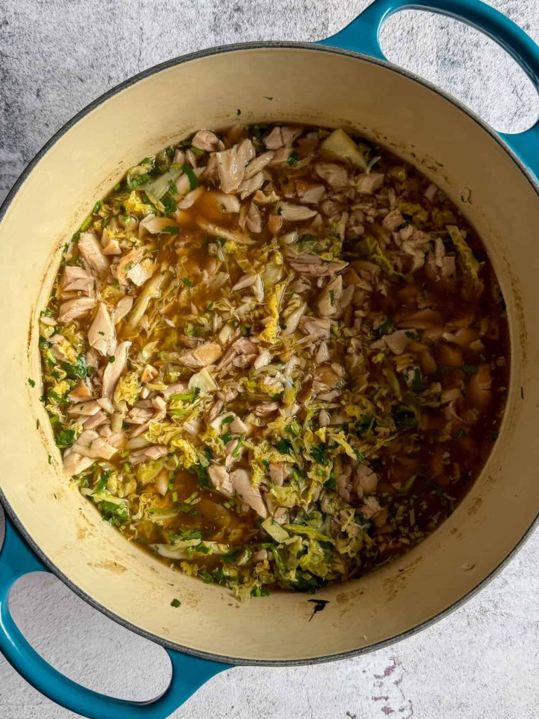 Ginger and lemongrass chicken cabbage soup, still in the pot.