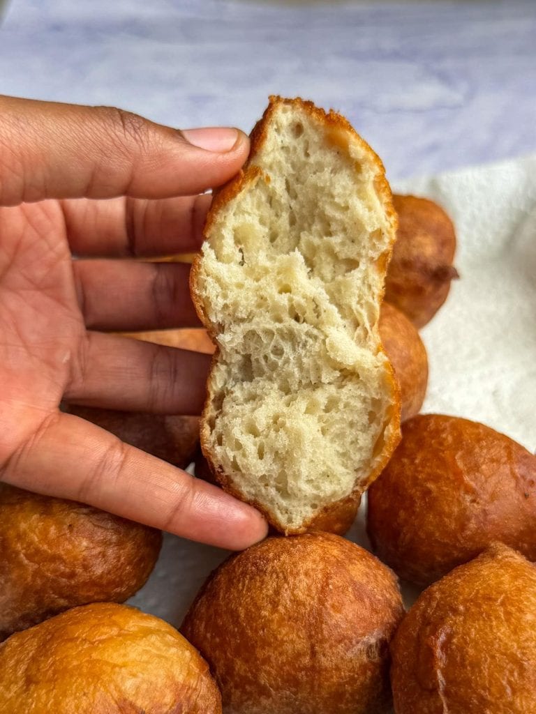 The light and fluffy inside of the puff puff